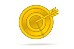 The arrow accurately hit the center of the target. 
The concept of achieving a business goal. Golden darts.
3d vector illustration.



