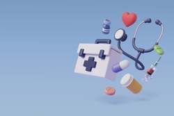 Medical equipment 3d cartoon style, wellness and online healthcare concept.