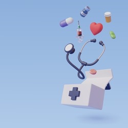 Medical equipment 3d cartoon style, Vaccine, stethoscope, capsule, pills and medicine box, Healthcare and medical Concept.