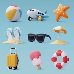 3d vector set of beach and sea, Summer Journey, Time to Travel Concept. Eps 10 Vector.