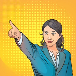 Business women pointing.Vector illustration.Isolated on white background. Pop art retro comic. 