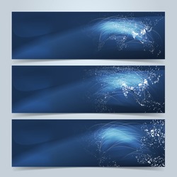 Global communication banners or website header set. Dotted world maps and glowing communication lines on blue background