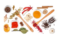spices and herbs on white background. top view