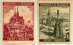 CZECHOSLOVAKIA - CIRCA 1940: post stamps printed in the Czechoslovakia and depicting the czech towns of Brno (cathedral) and Olomouc (Trinity column), series, circa 1940.