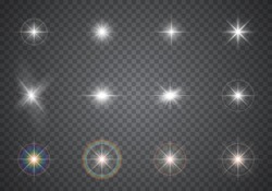 Glowing light effects. Sparkling and shining stars, flashes of lights, abstract flares, bright glares. Transparent vector illustration
