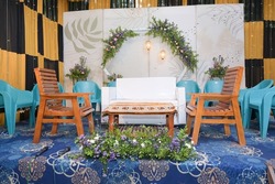 EMPTY STAGE MUSLIM WEDDING STAGE SET UP FOR NIKAH PLEDGE OATH SPACE FOR GROOM WALI IMAM BRIDE'S GUARDIAN FATHER  