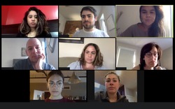 Shot of a screen of teammates doing a virtual conference from their home offices.  Team meeting from home during COVID-19 coronavirus pandemic.