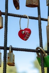 Love padlocks representing ever lasting love. Red heart love lock.