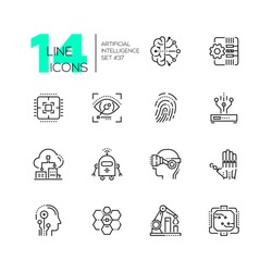 Artificial intelligence - set of line design style icons on white background. Brain, cyberhand, virtual reality glasses head, robot, automated robotic arm, fingerprint, eyetap augmentation, sensors