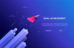 Goal achievement - modern isometric vector web banner on dark blue background. High quality composition with businessman in a superhero cape flying. Leadership, motivation, ambition concept