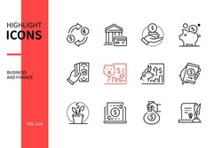 Business and finance - line design style icons set. Banking and financial management idea. Exchange, payments, coins, piggy bank, cash, bear and bull trend, smartphone, investments, bonds, money sack