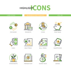 Business and finance - line design style icons set. Banking and financial management idea. Exchange, payments, coins, piggy bank, cash, bear and bull trend, smartphone, investments, bonds, money sack
