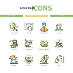 Online education - line design style icons set. E-learning, educational courses idea. Discover, books, homework, library, lessons, research, brainstorming, tools, degree, groups, explore, tests