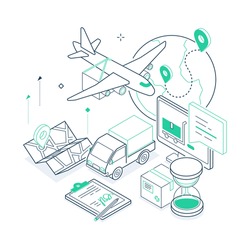 Transport logistics - green and black isometric line illustration. Fast delivery concept. Delivery planning by different methods. Airplane, truck, map, cargo, delivery time, parcel. Worldwide shipping