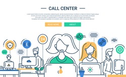 Illustration of vector modern line flat design composition and infographics elements with call center support team and its workplace. Header, banner for your website.