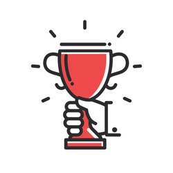 Champion cup award achievement single isolated modern vector line design icon. Hand holding a trophy.
