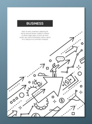 Business Success - vector line design brochure poster, flyer presentation template, A4 size layout. Successful businessman moving forward on arrows