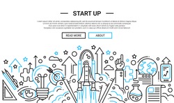 Start up - illustration of vector modern plain line design composition and infographics elements with a shuttle launch scene. Header, banner for your site.