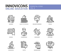 Online Education - modern vector thin line flat design icons and pictograms set. Degree, back to school, brainstorming, books, homework, discover, explore, research, knowledge, wisdom tests