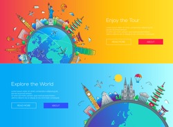 Enjoy the Tour, Explore the World - vector illustration of flat design web page travel banners set with famous landmarks icons and copy space