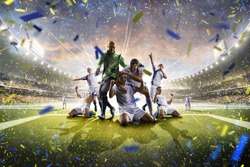 Collage adult soccer players in action on stadium panorama