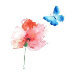 Butterfly and flower watercolor drawing. Vector art isolated on white.