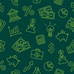 Seamless pattern of the icons of Finance on a dark green background. Vector. Money print. Interest image. dollar sign. Bank account.