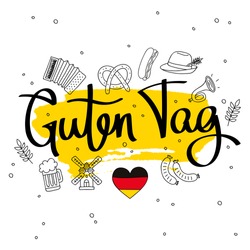 Guten Tag. Word hello in German. Fashionable calligraphy. Vector illustration on white background with a smear of yellow ink.
