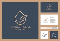 natural drops logotype with business card template. eco water logo design. organic oil icon inspiration.