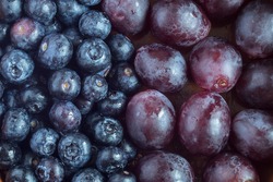 Close-up of a group of blueberries in the middle of the image and another group of black grapes. Split-screen. Fruit and health.