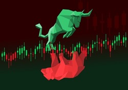 Bull vs bear struggle. Bullish and bearish market. Cryptocurrency or stock candlestick chart graphic illustration. Bulls fight bears. Vector poster.