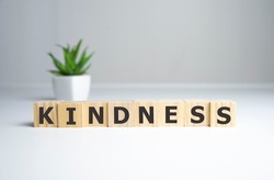 KINDNESS - words from wooden blocks with letters, KINDNESS concept, top view background.
