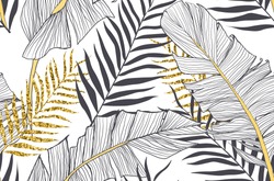 Seamless pattern with banana and golden palm leaves in vector