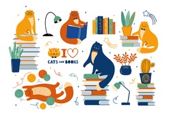 Big set of funny cats are literary fans. Cute animals lovers of literature. Cartoon cats read and sit on a large stack of books. Hand drawn Scandinavian vector illustration. Handwritten lettering