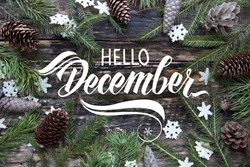 Great season texture with winter mood. Spruce branches, cones and snowflakes on old wooden rustic background. Nature december background with hand lettering 