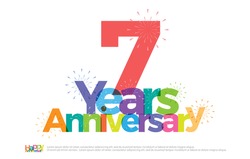 7 years anniversary celebration colorful logo with fireworks on white background. 7th anniversary logotype template design for banner, poster, card vector illustrator