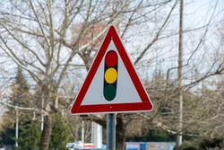 Traffic light information road sign. Red, yellow, green light info sign. Traffic lamp symbol. Transportation regulation. Red metal traffic sign. Start and stop. Lamp circle.