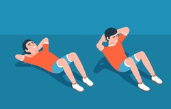 Abs exercise - crunch on the floor. Home Workout. Vector isometric illustration.