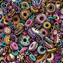 Cartoon cute doodles hand drawn Donuts seamless pattern. Colorful detailed, with lots of objects background. Endless funny vector sweet illustration. All objects separate.