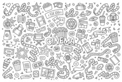 Cinema, movie, film doodles hand drawn sketchy vector symbols and objects