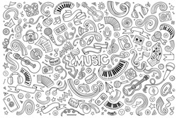 Sketchy vector hand drawn doodles cartoon set of Music objects and symbols