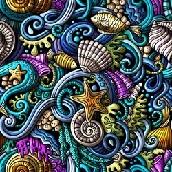Cartoon hand-drawn doodles on the subject of under water life theme seamless pattern. Colorful detailed, with lots of objects vector background