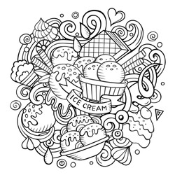 Cartoon hand-drawn doodles Ice Cream illustration. Line art detailed, with lots of objects vector design background
