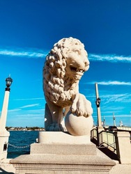 The Bridge of Lions spans the Intracoastal Waterway in St. Augustine, Florida, United States. Connects downtown St. Augustine to Anastasia Island. A pair of copies of the marble Medici lions guard. 