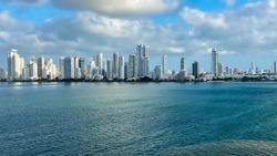 Cartagena, Colombia, Bocagrande Harbor. City skyline and major port on northern coast of Colombia in Caribbean Coast Region. One of the most expensive and exclusive neighborhoods in the country.