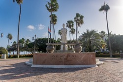 Oranjestad, Aruba, Netherlands Antilles: Wilhelmina Park waterfront park, marble statue of Queen Wilhelmina, the leader of the Netherlands 1890 - 1948, longest reigning Dutch monarch.