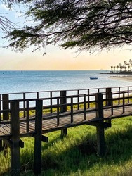 Linear Park Trail, Oranjestad, Aruba. Small bay at the Rooi Manonchi inlet, small row boat, Wilhelmina Park, Divi Divi (Watapana or Fofoti) tree, boardwalk. This lovely paved route is lined with trees