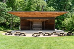 Meadow Pavilion at Wolf Trap National Park for the Performing Arts. Covered outdoor stage at performing arts center on national park land in Fairfax County, near Vienna, Virginia.