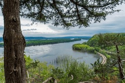 Mississippi River in Effigy Mounds National Monument. Fire Point view of Mississippi River Gorge from the top of the bluff. Iowa and Wisconsin border. Spring flood stage. 