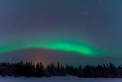 An amazing display show of northern lights seen in winter time with snow covered trees below the bands of aurora borealis above in wilderness scene on a frozen lake. 